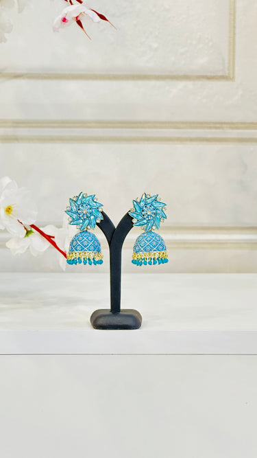Sky Blue Shiny Mirror Work Jhumka With Beads Aster - House of Nepal