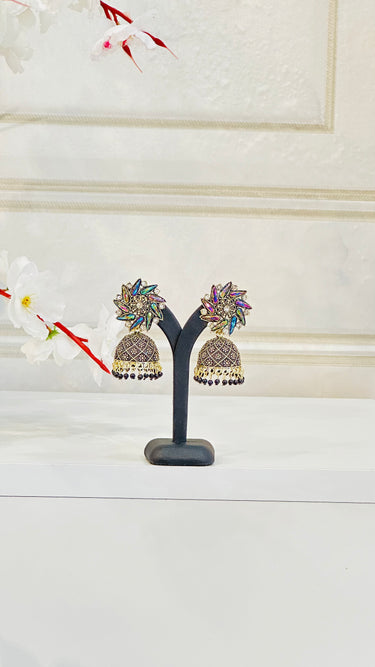 Black Shiny Mirror Work Jhumka With Beads Aster - House of Nepal