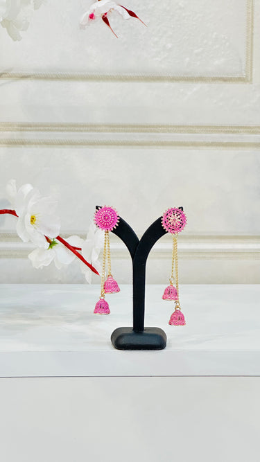 Pink Long Chain Tassel Jhumka Amaryllis - House of Nepal