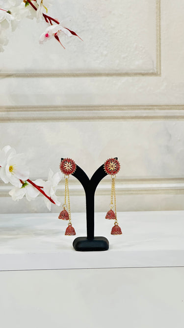 Red Long Chain Tassel Jhumka Amaryllis - House of Nepal