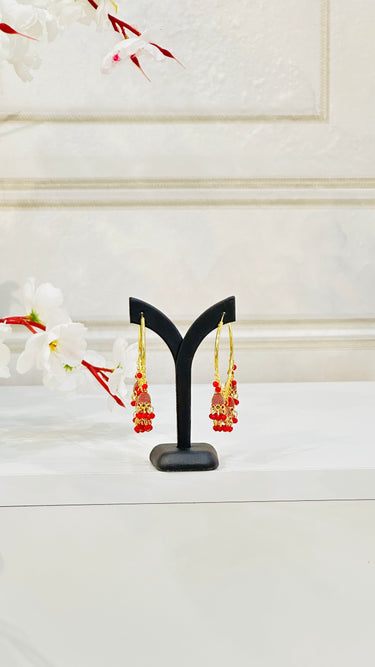Red Circular Hoop Jhumka With Beads Camellia - House of Nepal