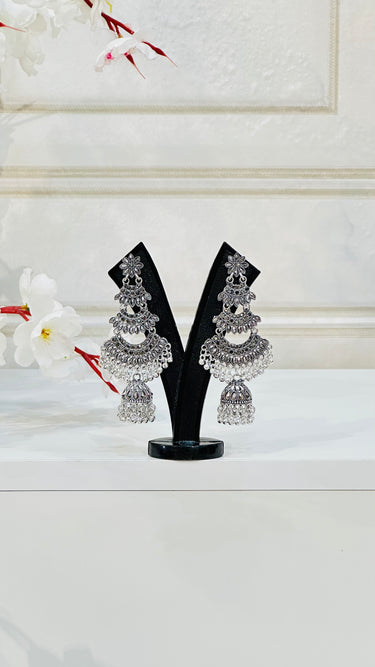 Grey Metallic Stone Work Long Jhumka Blossom - House of Nepal