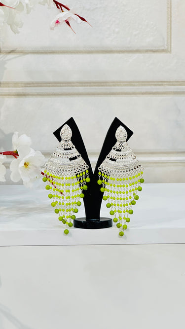 Lime Green Jhumka With Long Beads Flora - House of Nepal