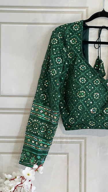 Full Sleeve Green Thread and Mirror Work Boutique Blouse