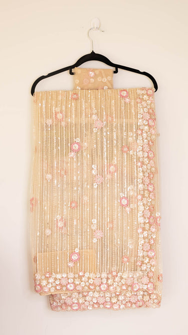 Net Sequin Hand Embroidered Saree - House of Nepal