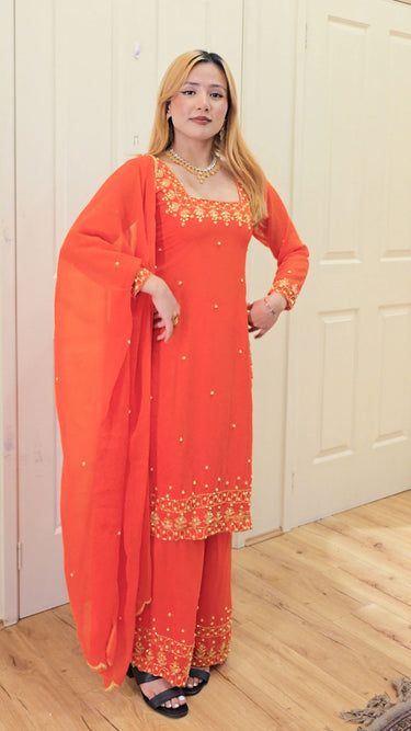 Orange Handwork Kurta Set in Georgette