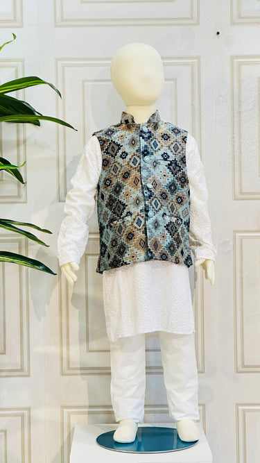 Kids Dhaka Waistcoat Radiance Navy Blue And Blue Mix - House of Nepal