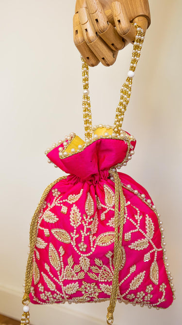 Hot Pink Bead Embroidered Hand Bag Vina - House of Nepal