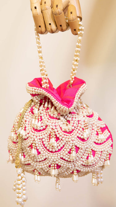 Hot Pink Pearl Embroidered Velvet Hand Bag Macha - House of Nepal