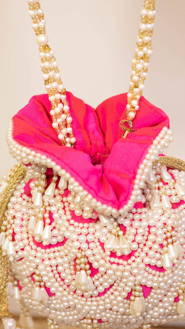 Hot Pink Pearl Embroidered Velvet Hand Bag Macha - House of Nepal