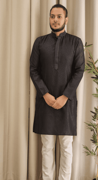 Black Floral Foil Printed Cotton Kurta with Pajama - House of Nepal