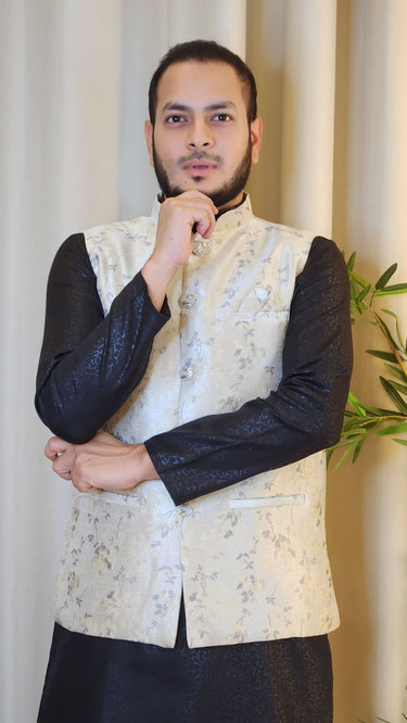 Beige and Grey Thread Embroidered Floral Nehru Jacket - House of Nepal