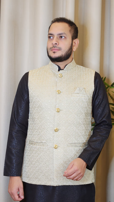 Champagne Sequin Embossed Embroidery Nehru Jacket - House of Nepal