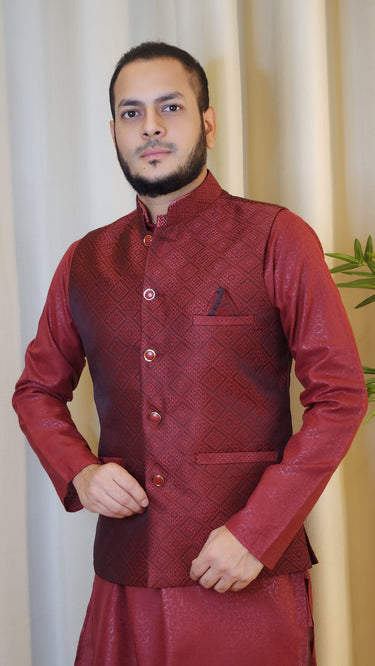 Geometric Pattern Embroidered Nehru Coat in Maroon - House of Nepal