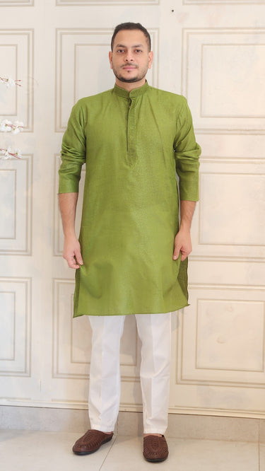 Foil Printed Mens Cotton Kurta in Mehendi Green