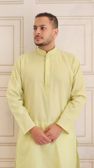 Foil Printed Mens Cotton Kurta in Pista Green