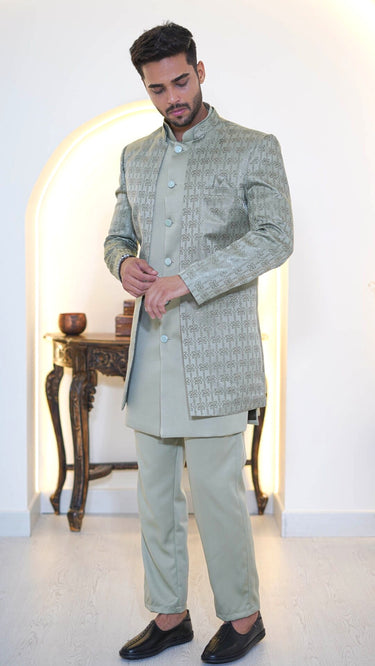 Jacquard Indo Western Set in Pastel Green