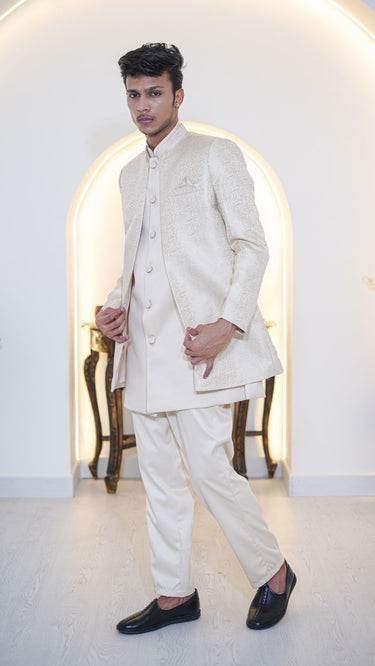 Jacquard Indo Western Set in Beige