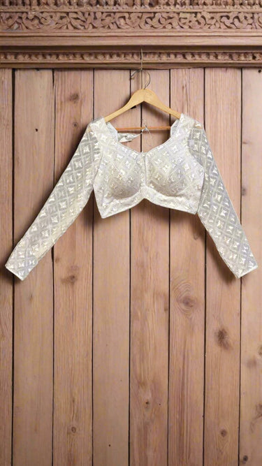 Full Sleeve White Thread Embroidered Boutique Blouse - House of Nepal