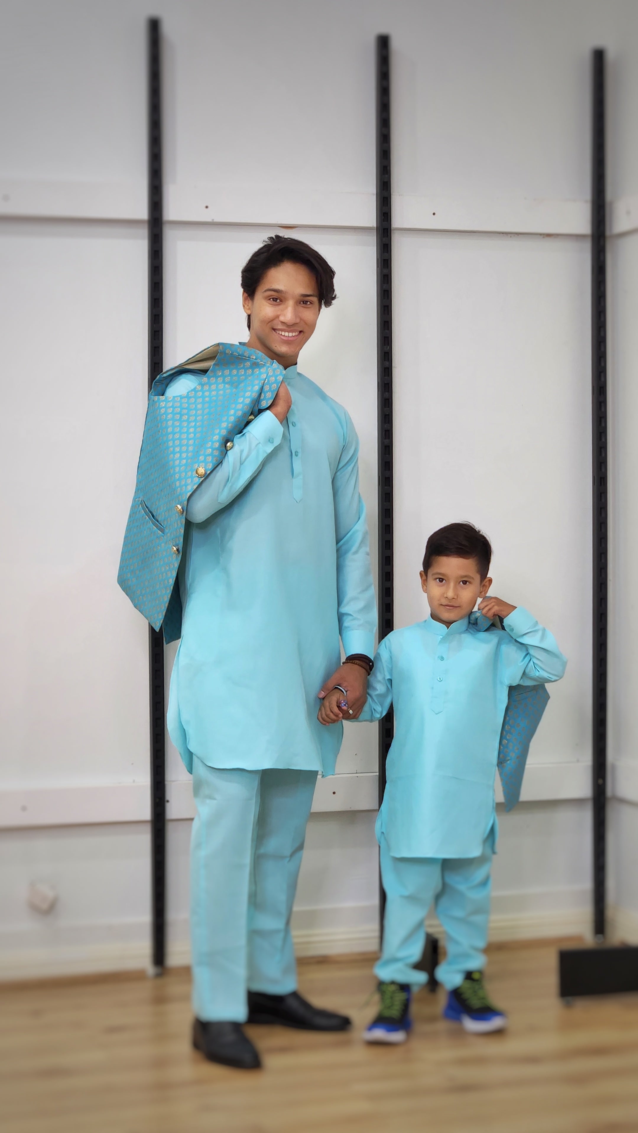 Boys Monochrome Kurtha Suruwal Set with Waistcoat Sky Blue