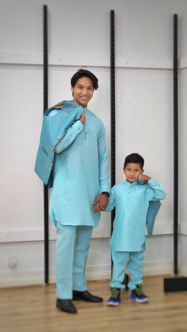 Boys Monochrome Kurtha Suruwal Set with Waistcoat Sky Blue - House of Nepal