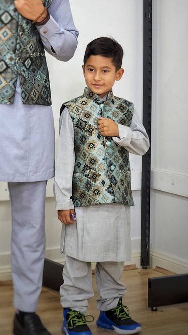 Kids Dhaka Waistcoat Radiance Green And Blue Mix - House of Nepal