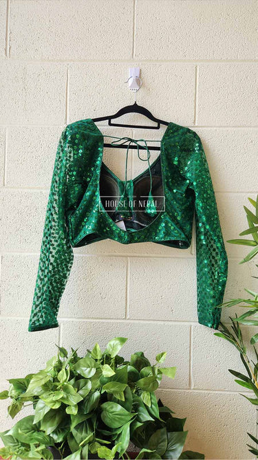 Green Mirror Work Boutique Blouse - House of Nepal