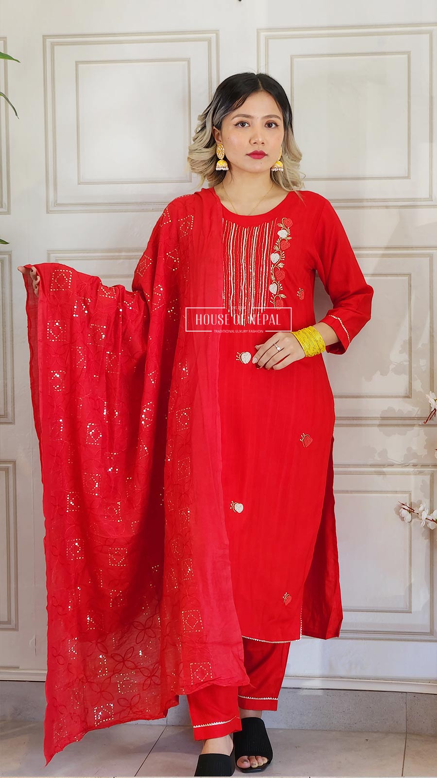 Bead Embroidered Cotton Kurtha with Pant and Shawl