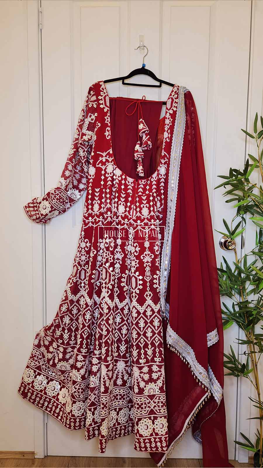 Hand embroidered Firebrick Anarkali kurta Set