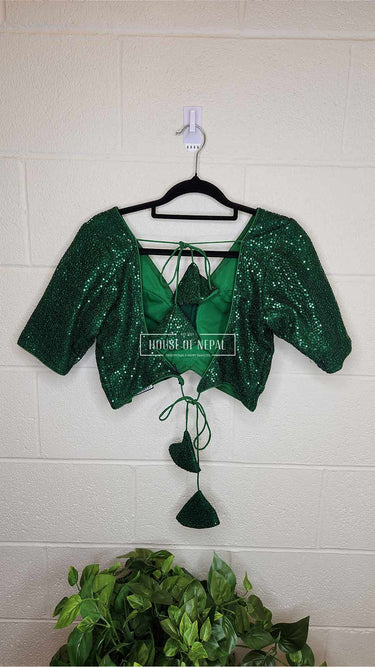 Green Sequin Half Sleeve Boutique Blouse Leaf Neck - House of Nepal