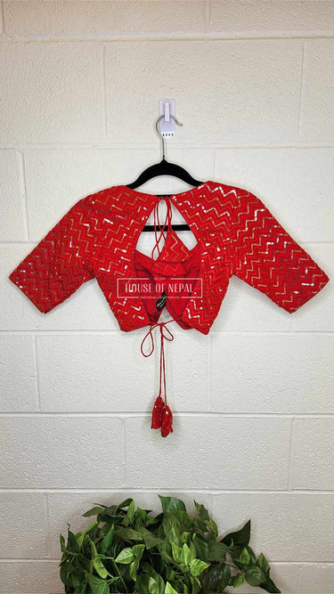Red Thread & Sequin Half Sleeve Boutique Blouse Sweetheart Neck - House of Nepal