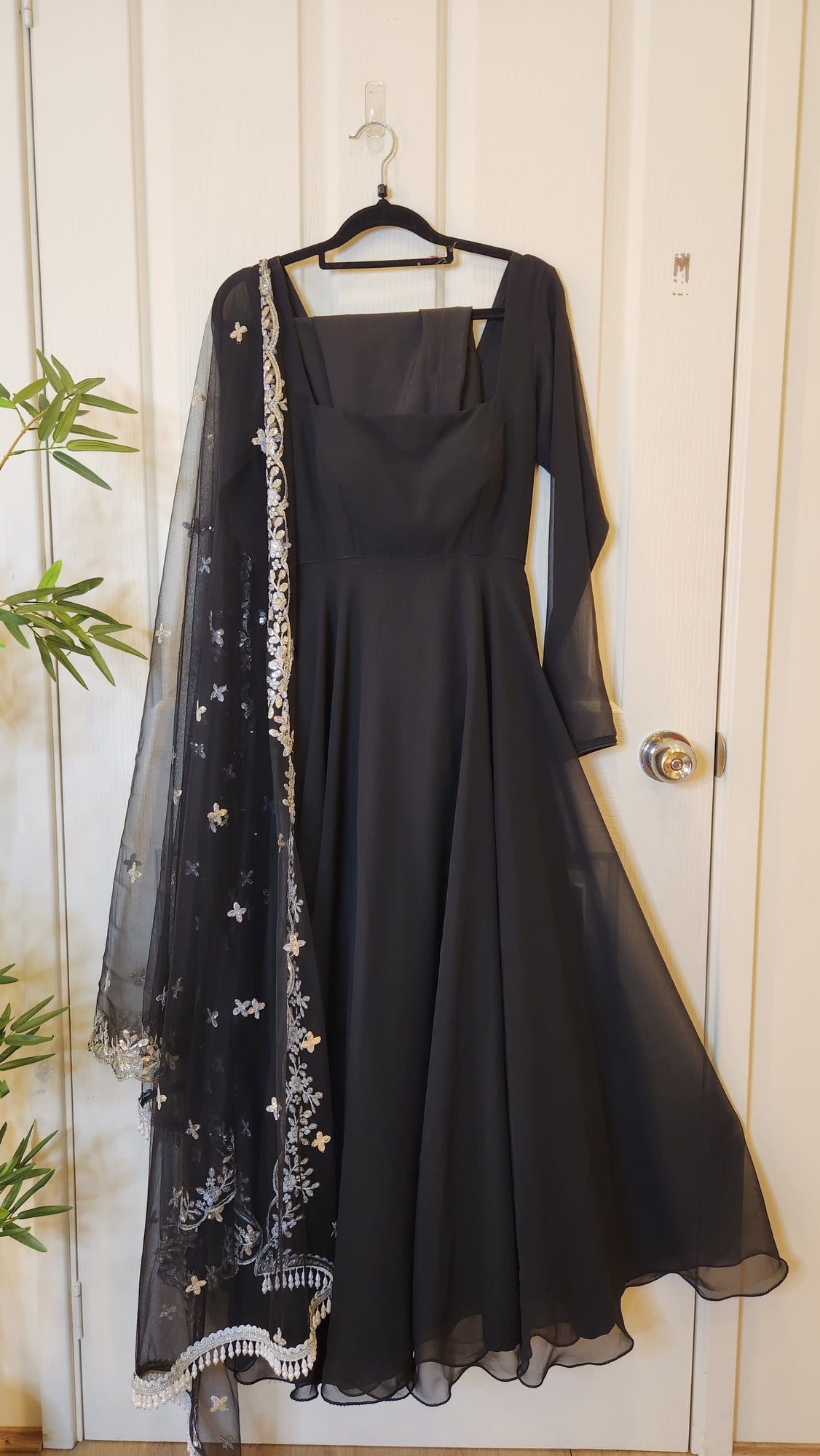 Black Full Sleeve Plain Georgette Boutique Anarkali with Churidar and Shawl