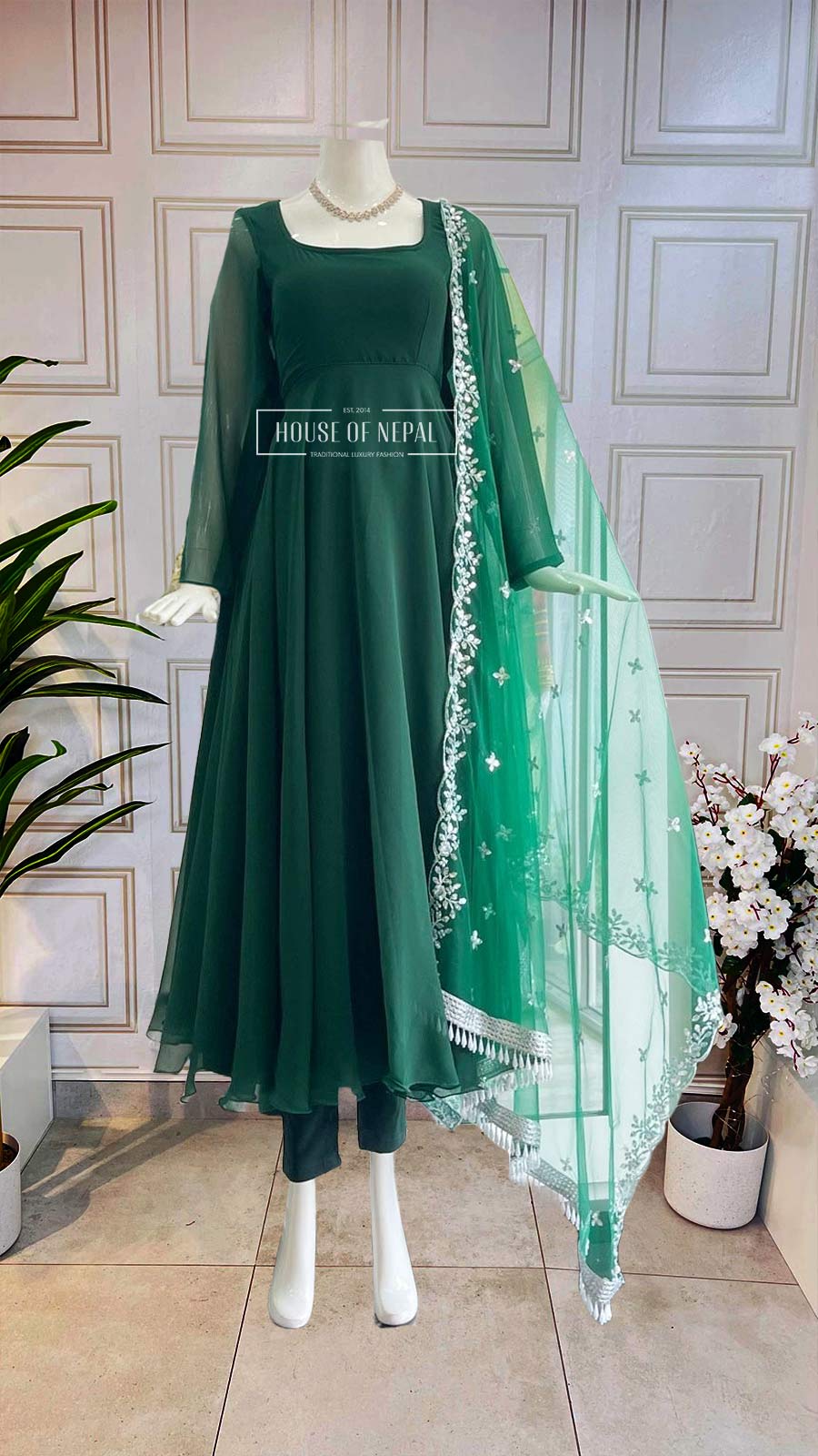 Green Full Sleeve Plain Georgette Boutique Round Neck Anarkali with Churidar and Shawl