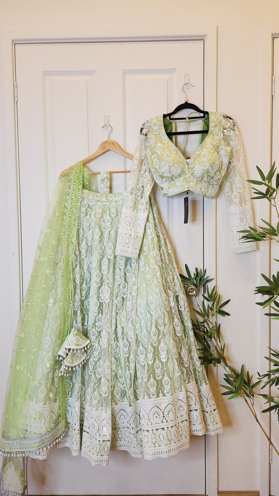 Mint Threadwork Lehenga with Boutique Blouse and Shawl Reene