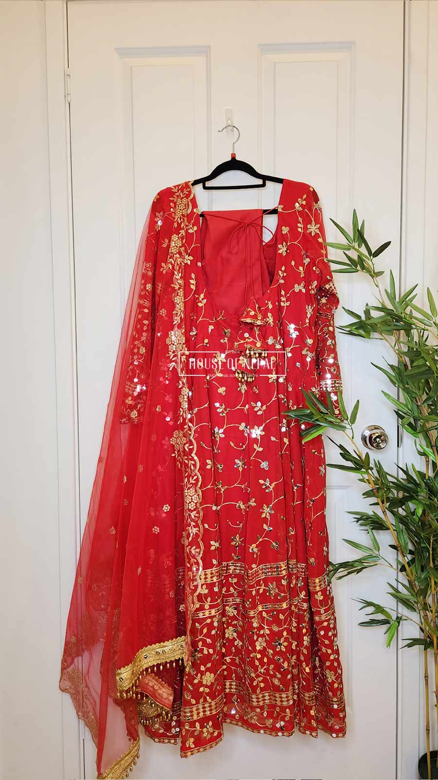 Red Mirror and Zari Work Boutique Anarkali with Churidar and Shawl