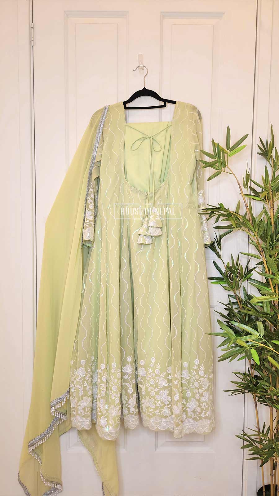 Green Floral Mirror and Thread Work Boutique Anarkali with Churidar and Shawl Limi