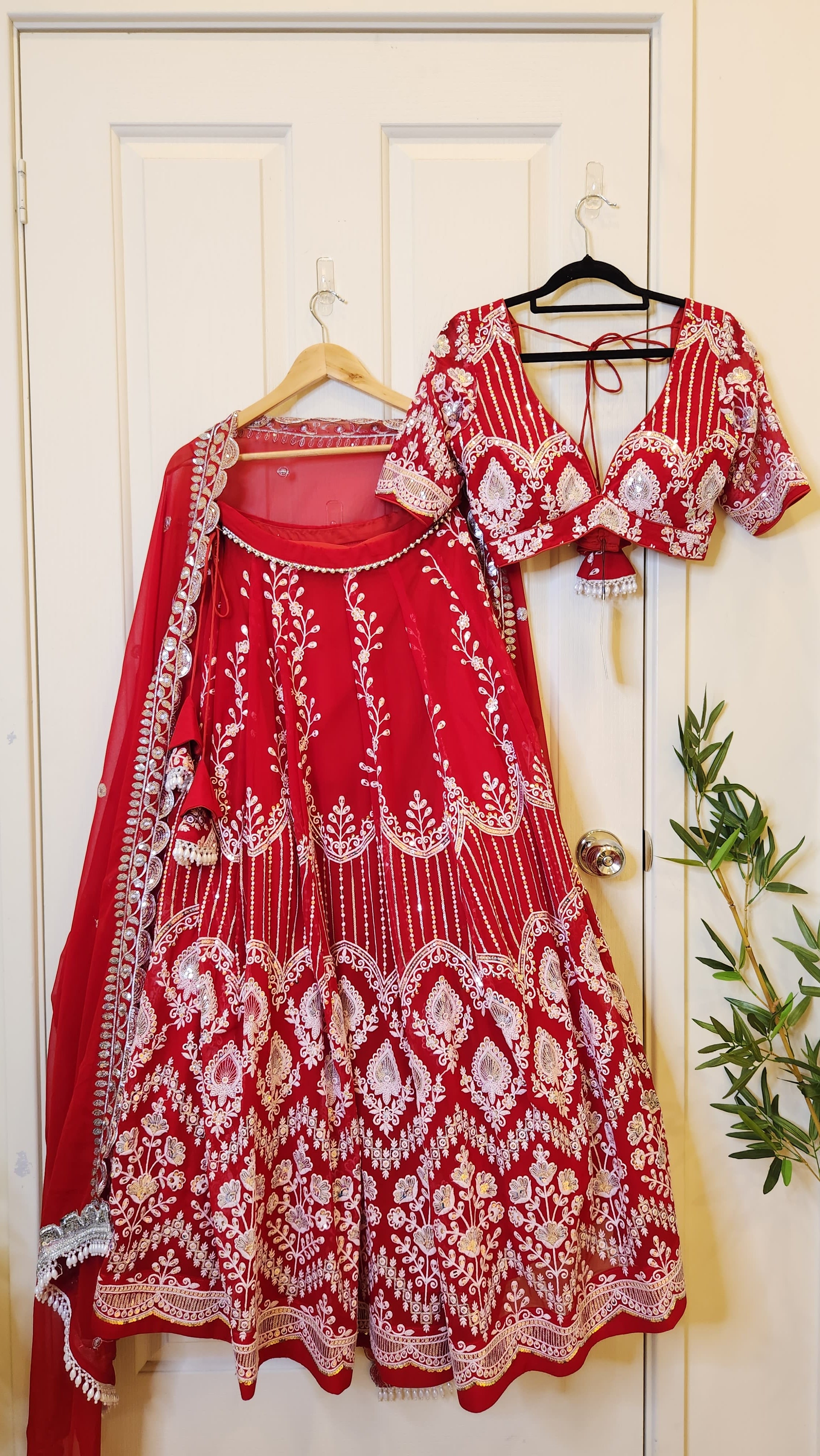 Red Bridal Thread and Sequin Embroidered Lehenga with Boutique Blouse and Dupatta Bihani