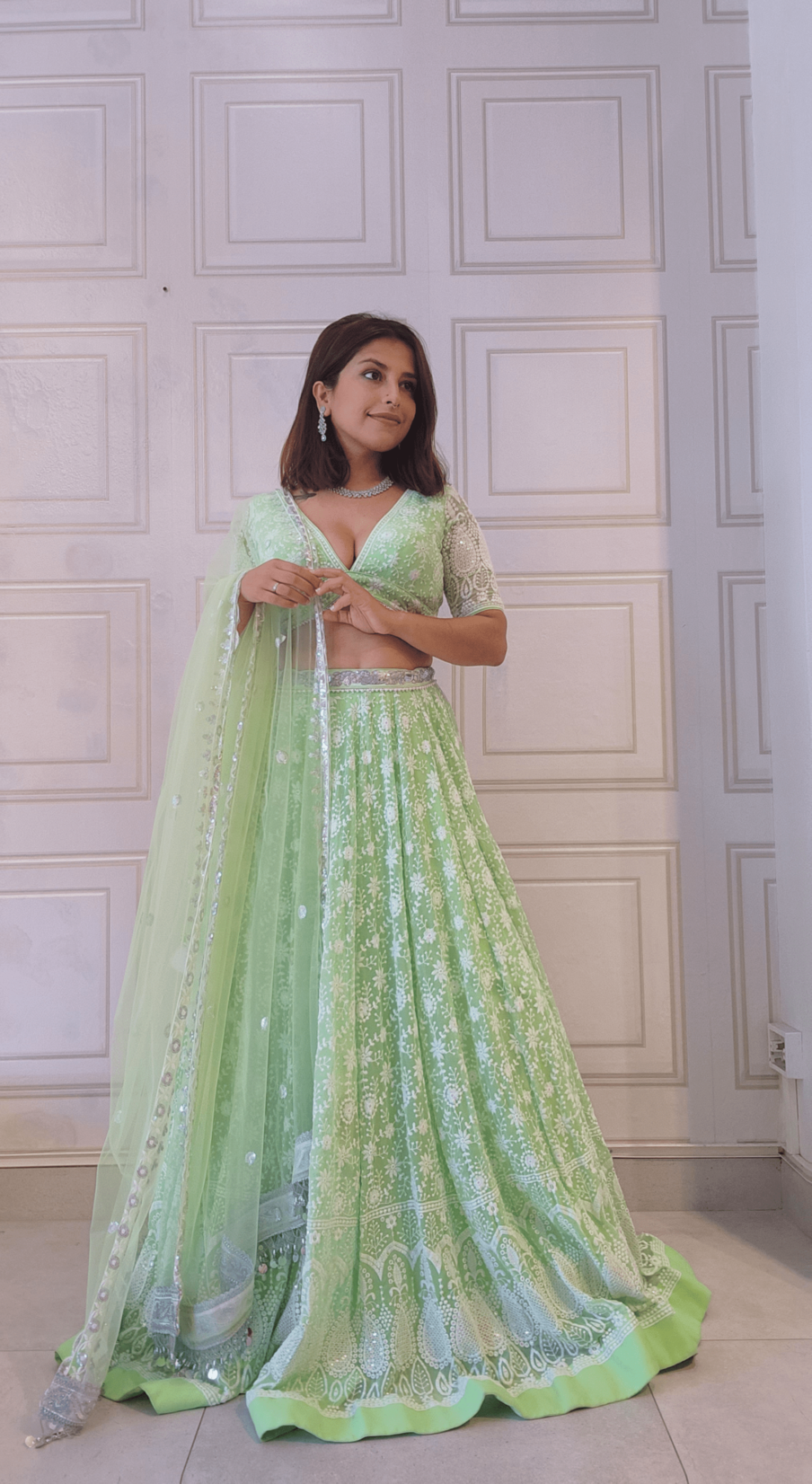 Mint Green Thread and Sequin Embroidered Lehenga with Boutique Blouse and Shawl