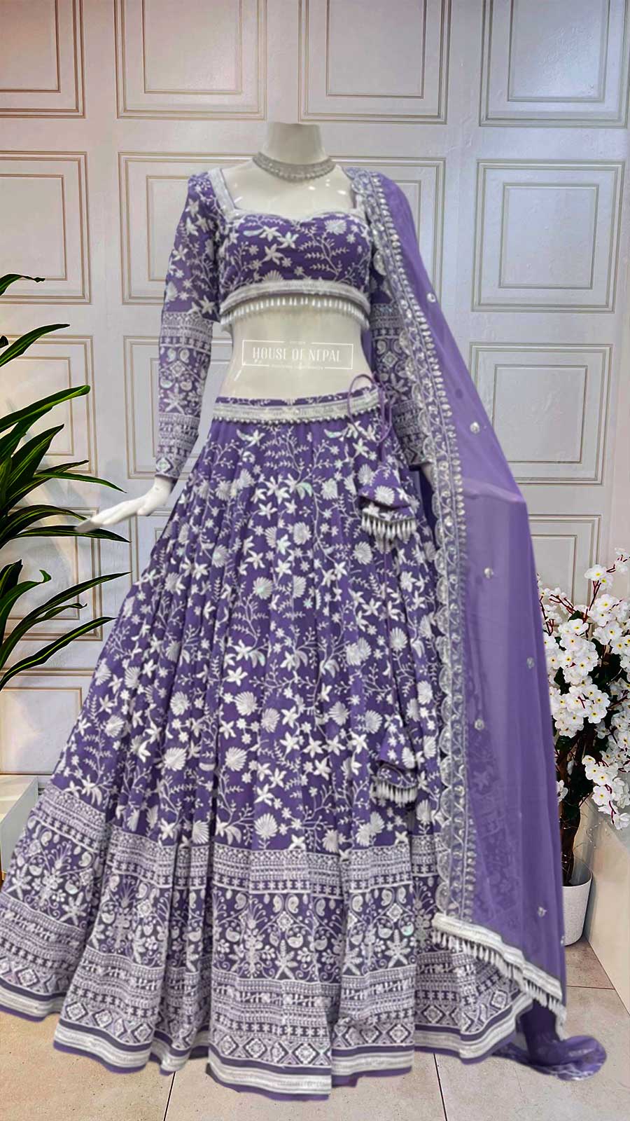 Mauve Purple Thread and Colourful Sequin Embroidered Lehenga with Boutique Blouse and Dupatta