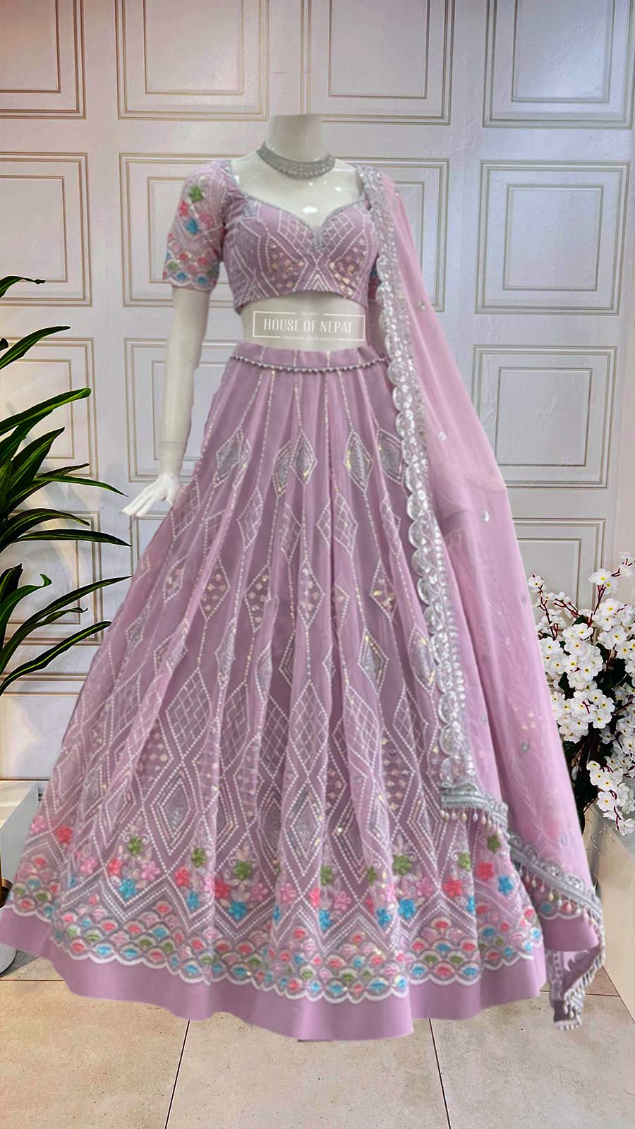 Mauve Pink Colourful Thread and Sequin Embroidered Lehenga with Boutique Blouse and Dupatta