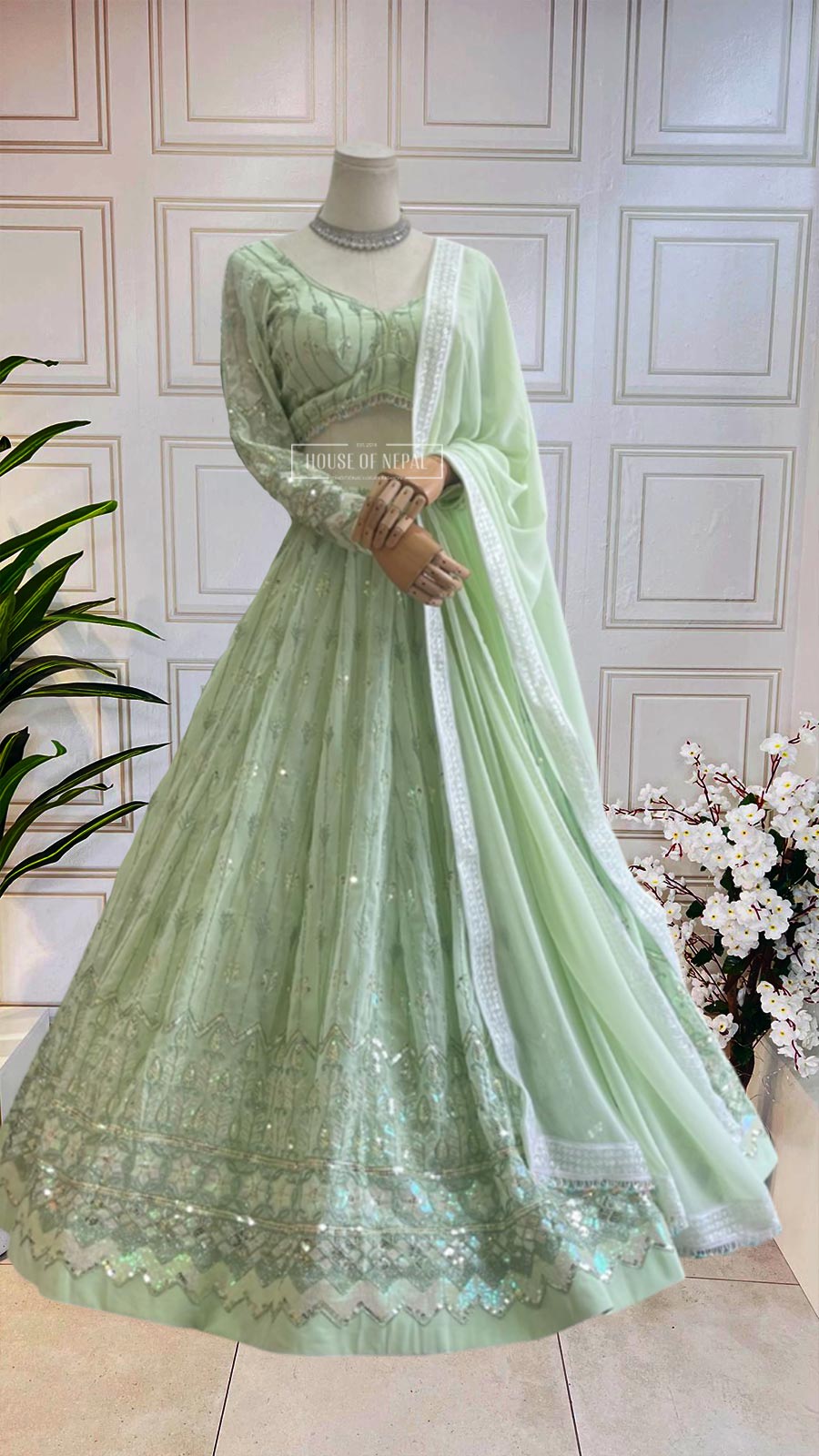 Sea Mist Green Handwork Thread Embroidered Lehenga with Boutique Blouse and Dupatta