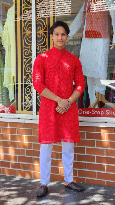 Red Rayon Kurta Pajama Set - House of Nepal
