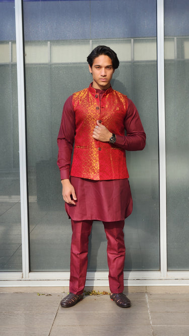 Monochrome Kurta Pajama Set with Waistcoat Maroon - House of Nepal