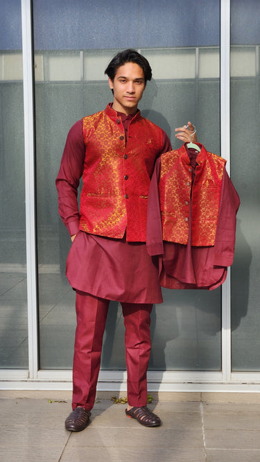 Boys Monochrome Kurtha Suruwal Set with Waistcoat Maroon - House of Nepal