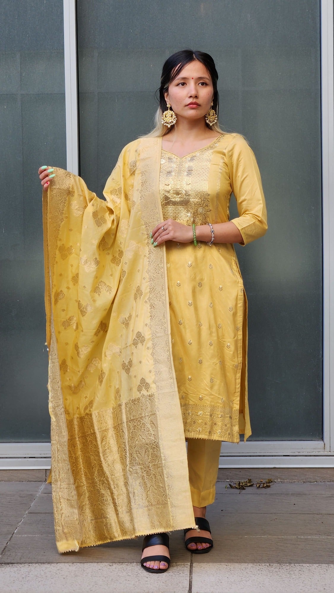 Yellow Banarasi Silk Womens Kurta with Pant and Shawl Ria