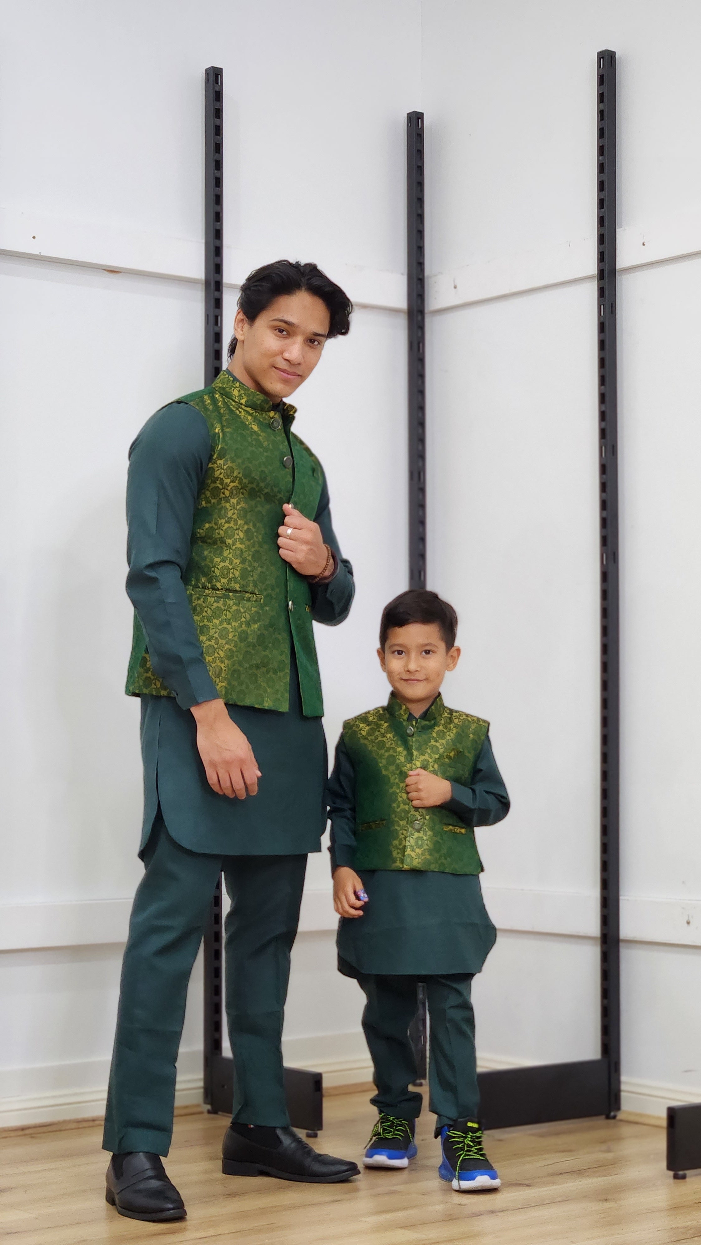 Boys Monochrome Kurtha Suruwal Set with Waistcoat Green