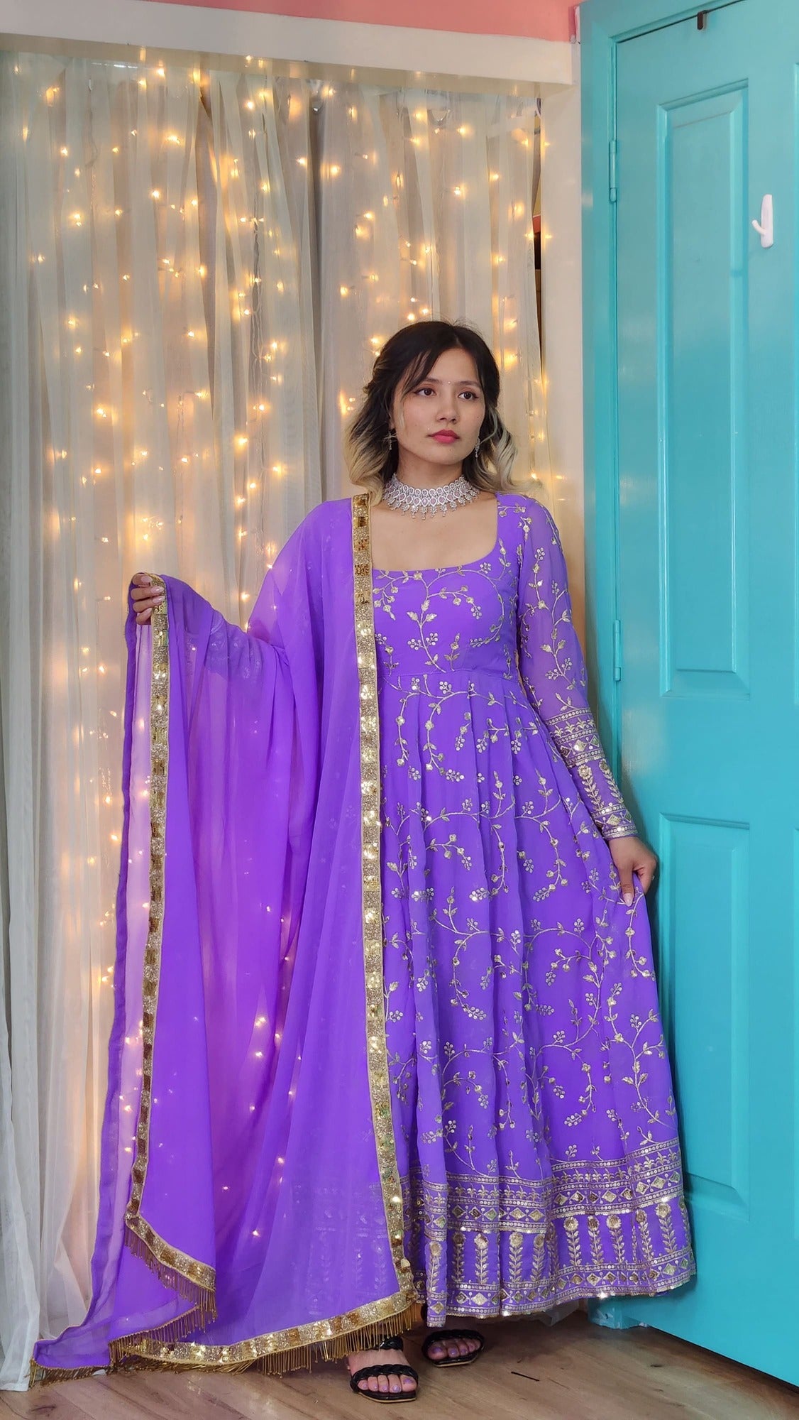 Purple Gold Thread and Sequin Work Boutique Anarkali with Churidar and Shawl