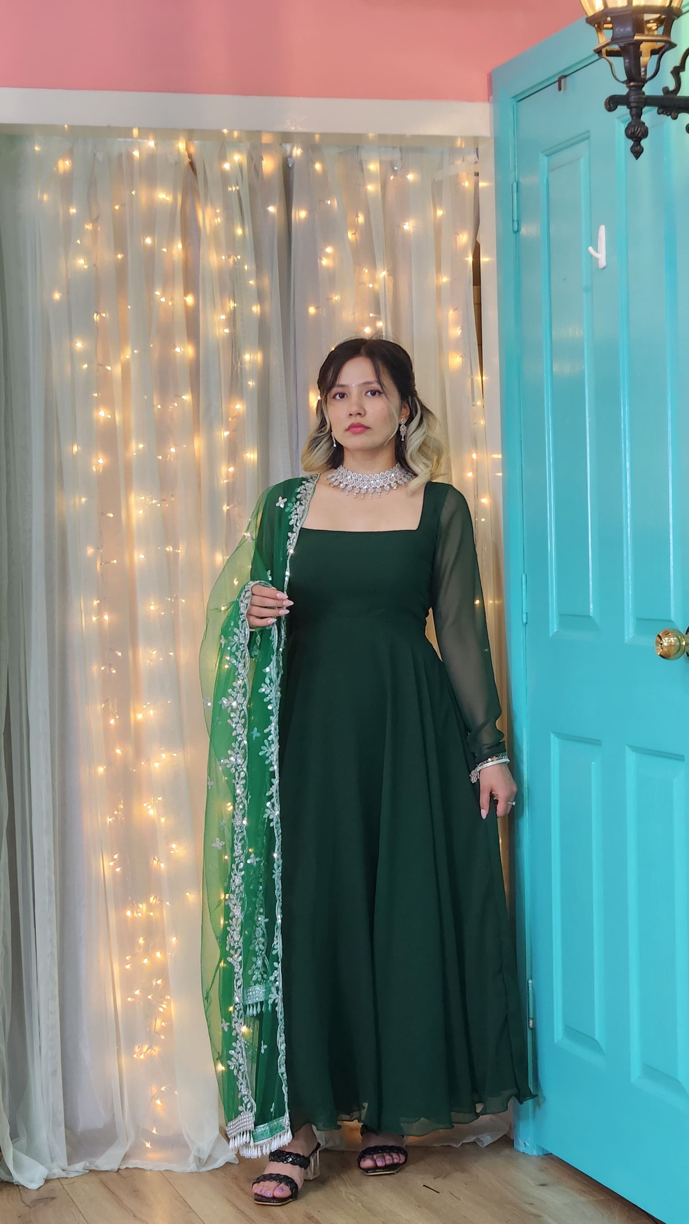 Green Full Sleeve Plain Georgette Boutique Round Neck Anarkali with Churidar and Shawl