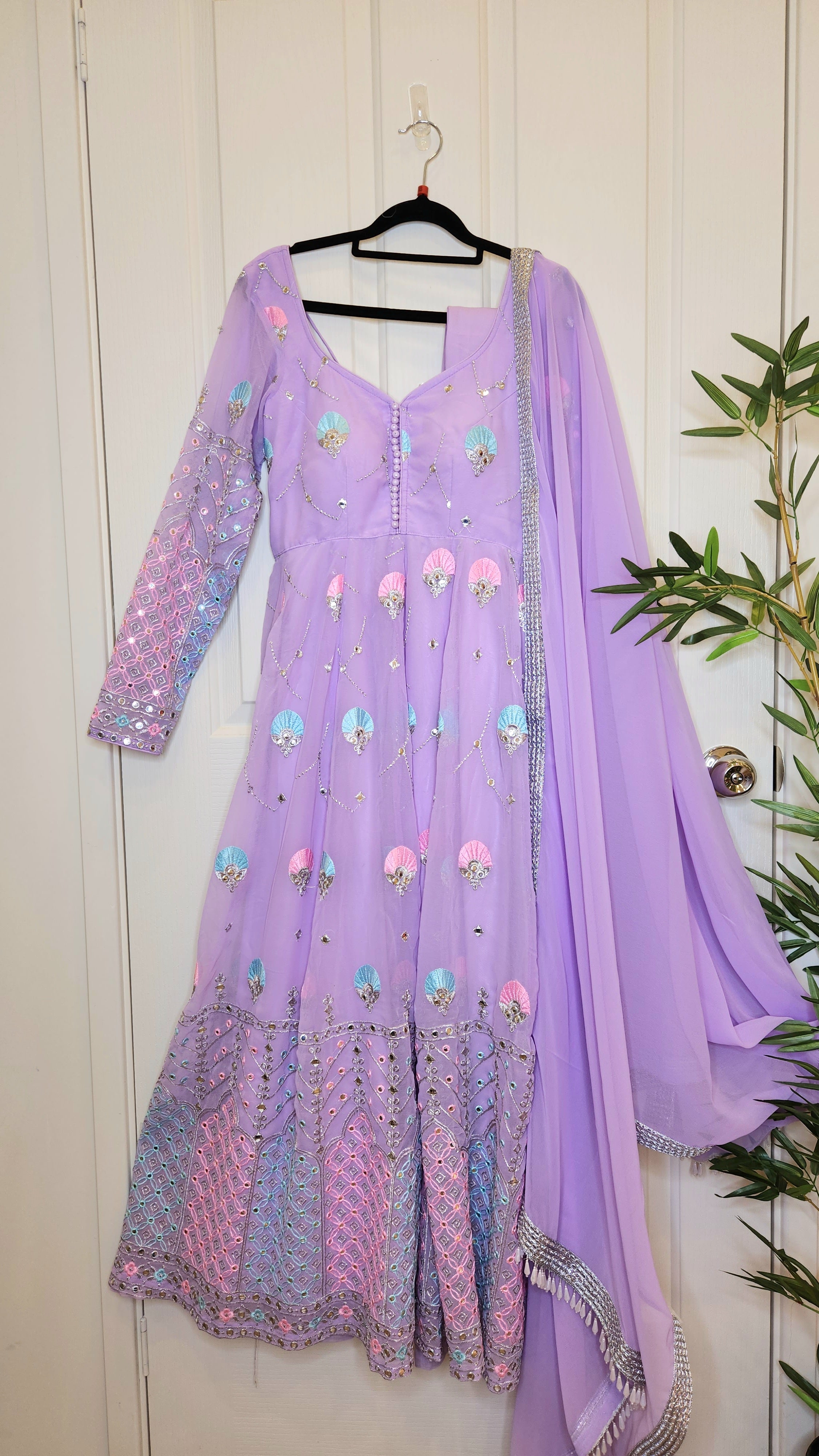 Lavender Mirror and Colorful Thread Work Sweetheart Neck Boutique Anarkali with Churidar and Shawl Mina