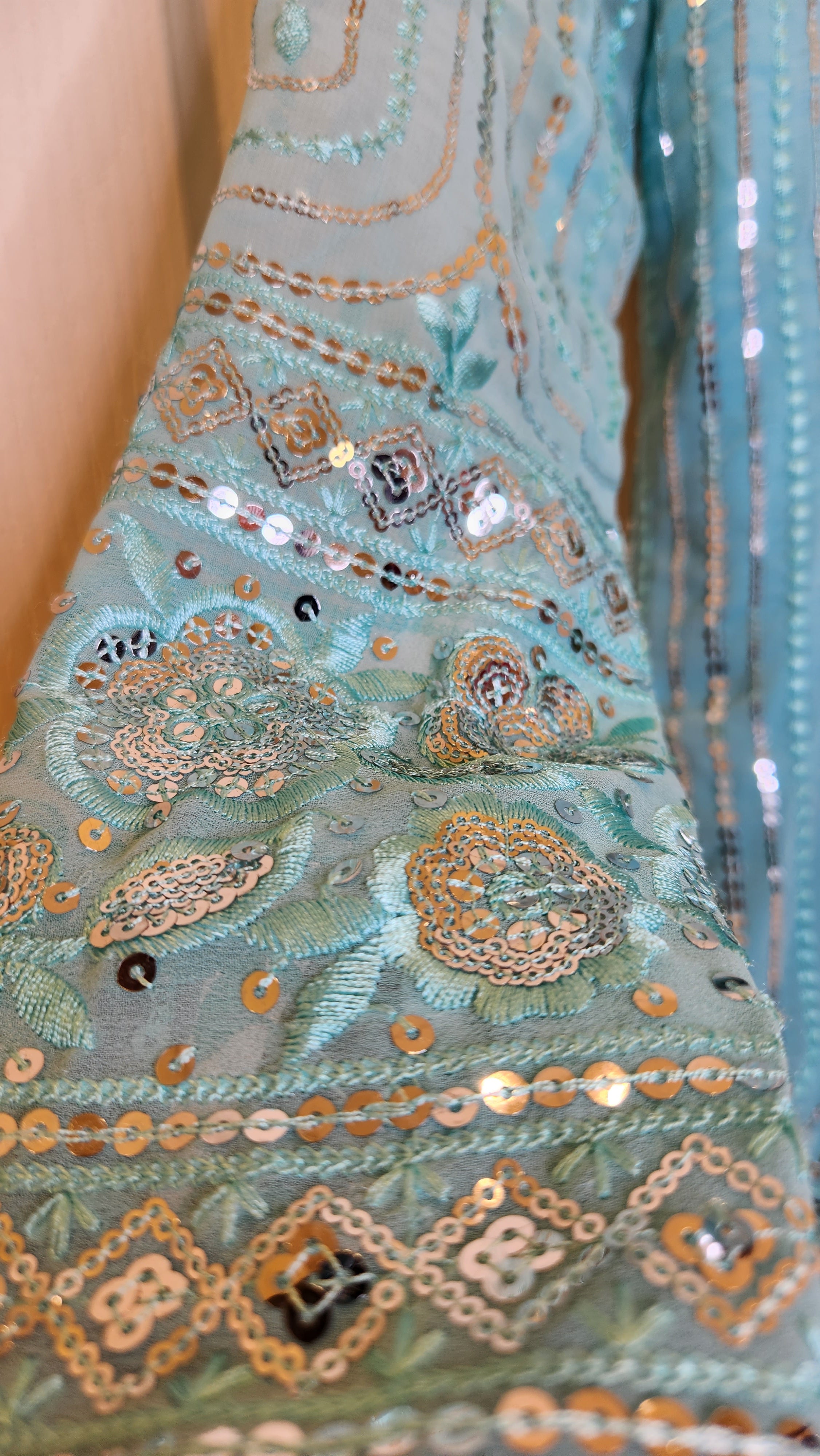 Baby Blue Sequin and Pearl Embroidered Kurtha with Garara and Shawl Vogue
